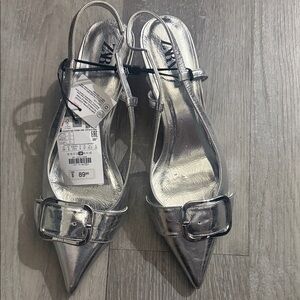 Zara Metallic Silver Pointed Slingback Heels with Buckle Detail